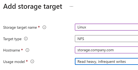 Screenshot showing the Add Storage Target pane for Azure HPC Cache.
