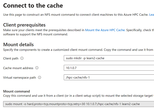 Screenshot showing the Connect to Cache settings for Azure HPC Cache.