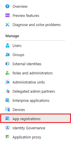 Screenshot of the Microsoft Entra navigation options with the app registrations option highlighted.