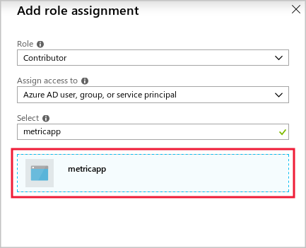 Screenshot of the add role assignment pane with the metricapp option highlighted.