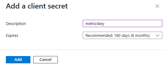 Screenshot of the Add a client secret pane with the Add button highlighted.