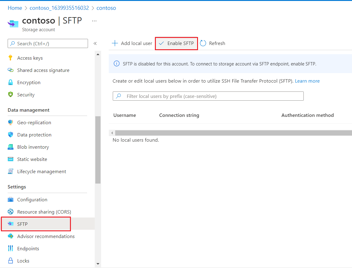 Screenshot displaying the SFTP settings. The Enable SFTP option is selected.