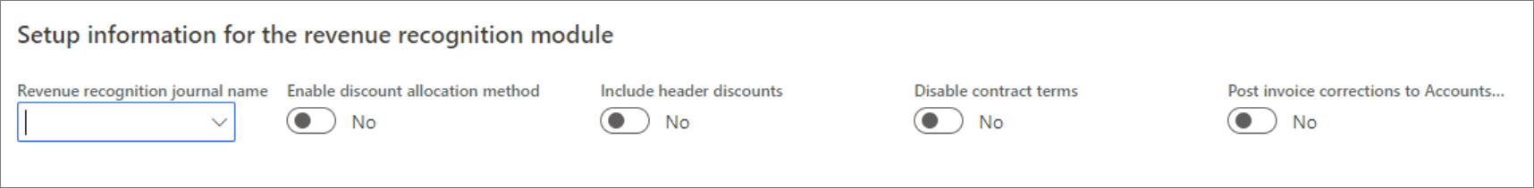 Screensbot of Setup information for the revenue recognition module.