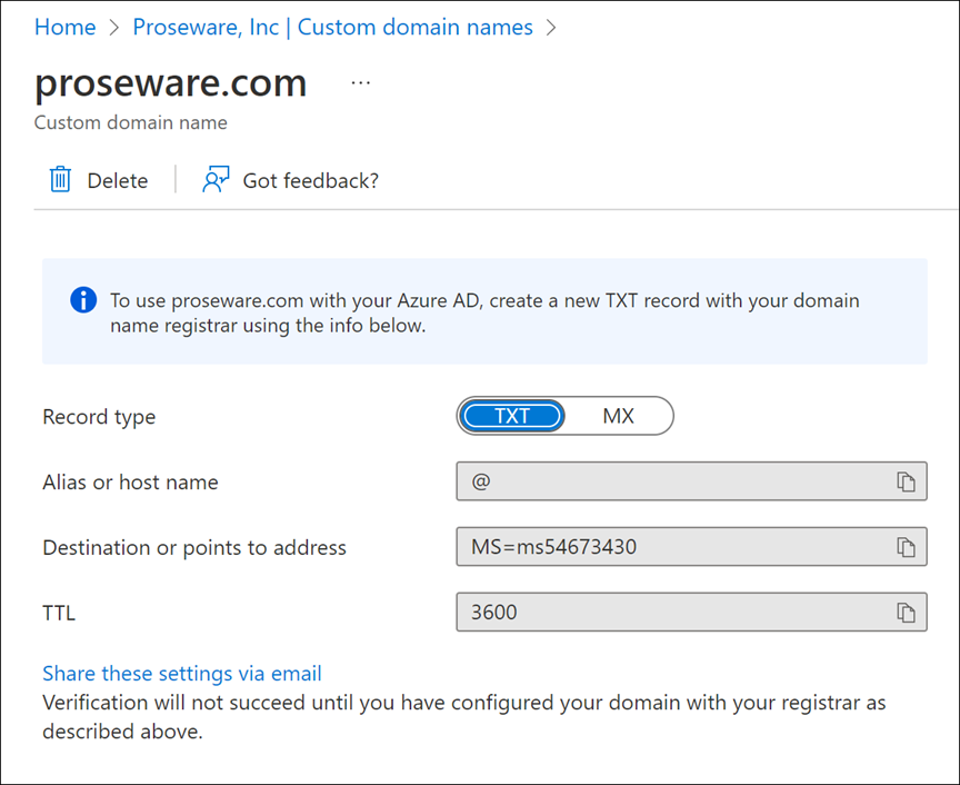 Screenshot of the verification page for a custom domain name.