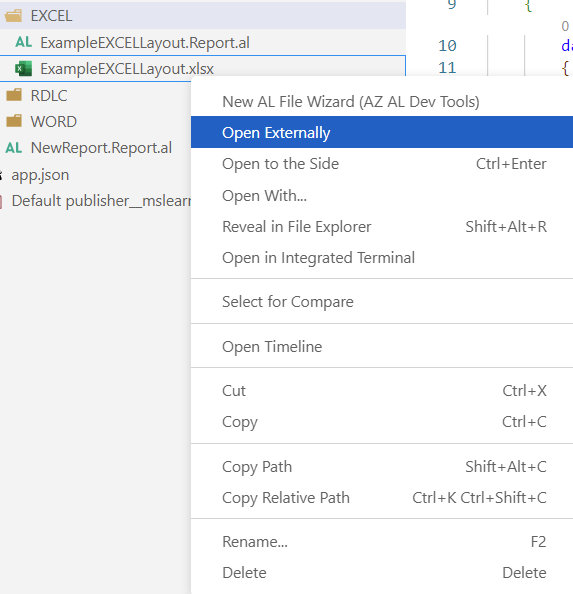 Screenshot showing the ExampleEXCELLayout.xlsx file right-clicked to reveal the options with Open externally selected.