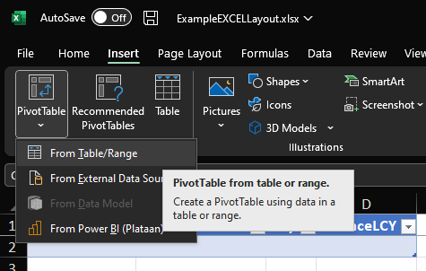 Screenshot of Excel showing the PivotTable button expanded to reveal the From Table/Range option.