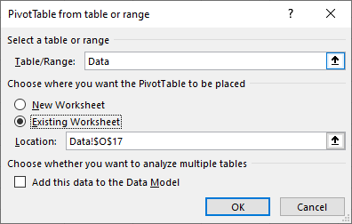 Screenshot of PivotTable from table or range dialog with Existing worksheet selected.