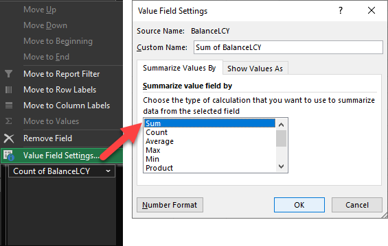 Screenshot of Value field settings for Count of BalanceLCY with the "Summarize value field by" option changed to Sum.