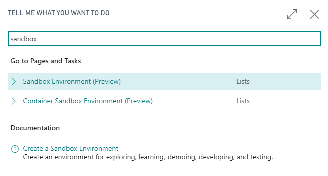 Screenshot showing Tell Me Create Sandbox Environment options.