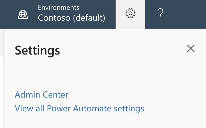 Screenshot of the Settings button selected and Admin center highlighted on the Settings menu.