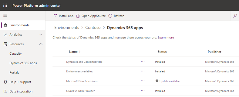 Screenshot of the Environment view, showing the Dynamics 365 apps that you installed.