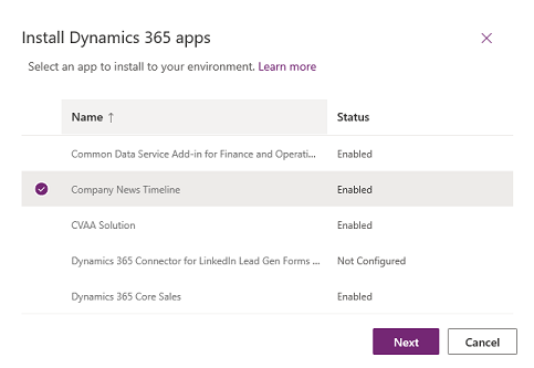 Screenshot of the Install Dynamics 365 apps screen, showing an enabled app being selected and the Next button.