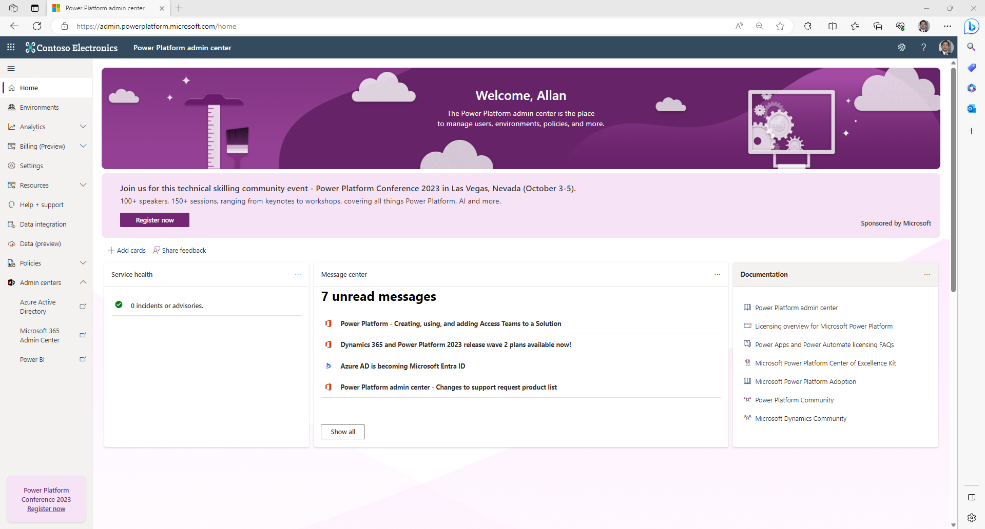 Opening page of the Power Platform admin center.