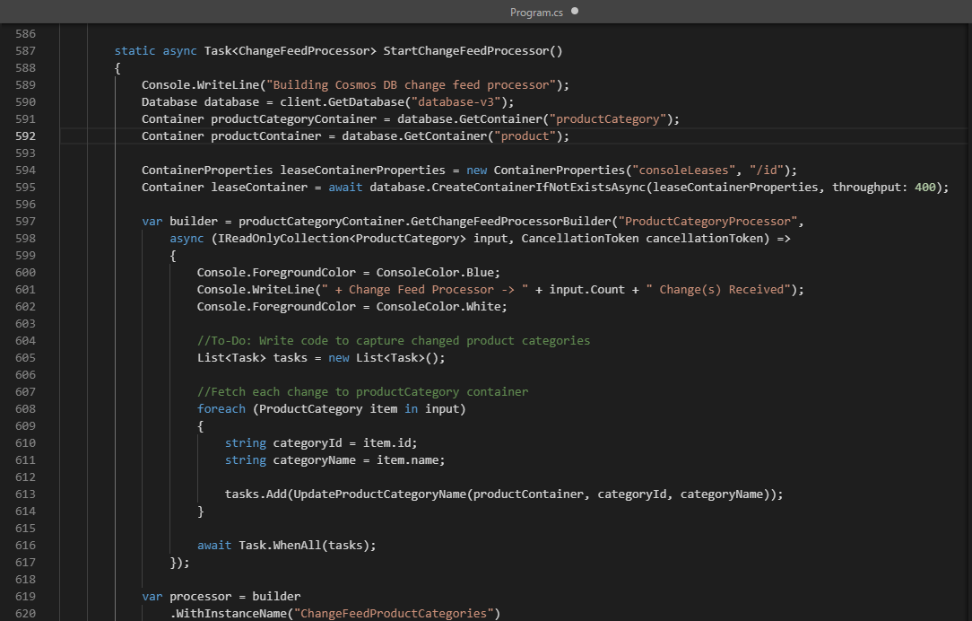 Screenshot of the Cloud Shell window that displays the fully completed code for change feed.
