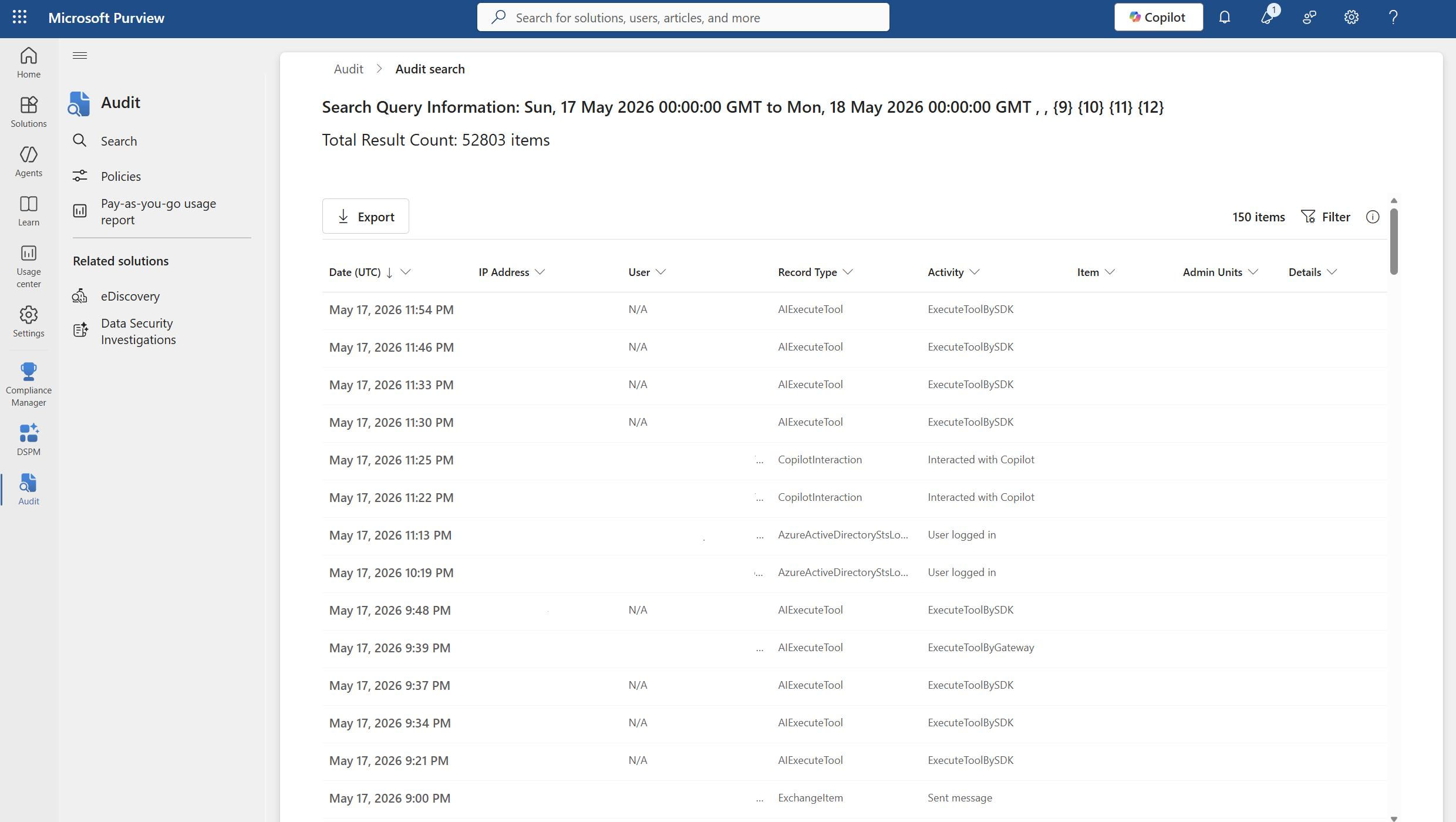 Screenshot of the audit logs for the Researcher agent.