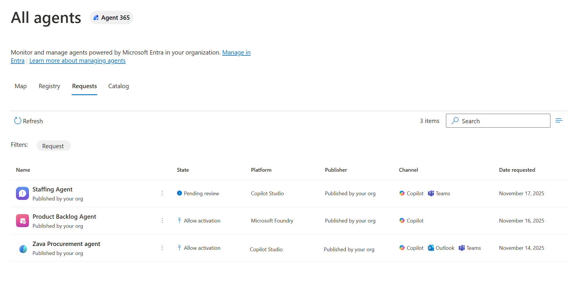 Screenshot of the Requests tab in the Agent Registry showing pending agent requests.