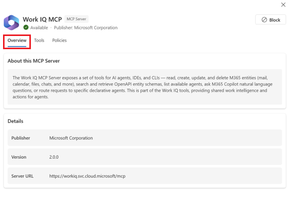 Screenshot of the Overview tab for Work IQ MCP server.