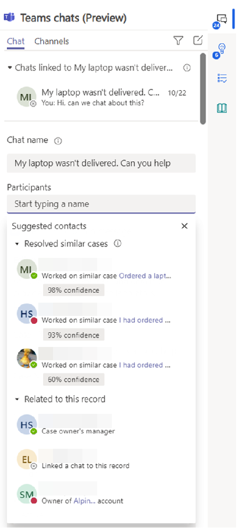 Screenshot of a suggested contacts list with coworkers who resolved similar cases and contacts related to the record.