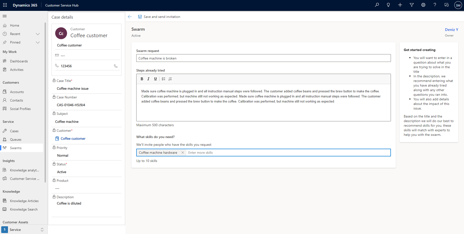 Screenshot of the Case details pane on the Swarm page.