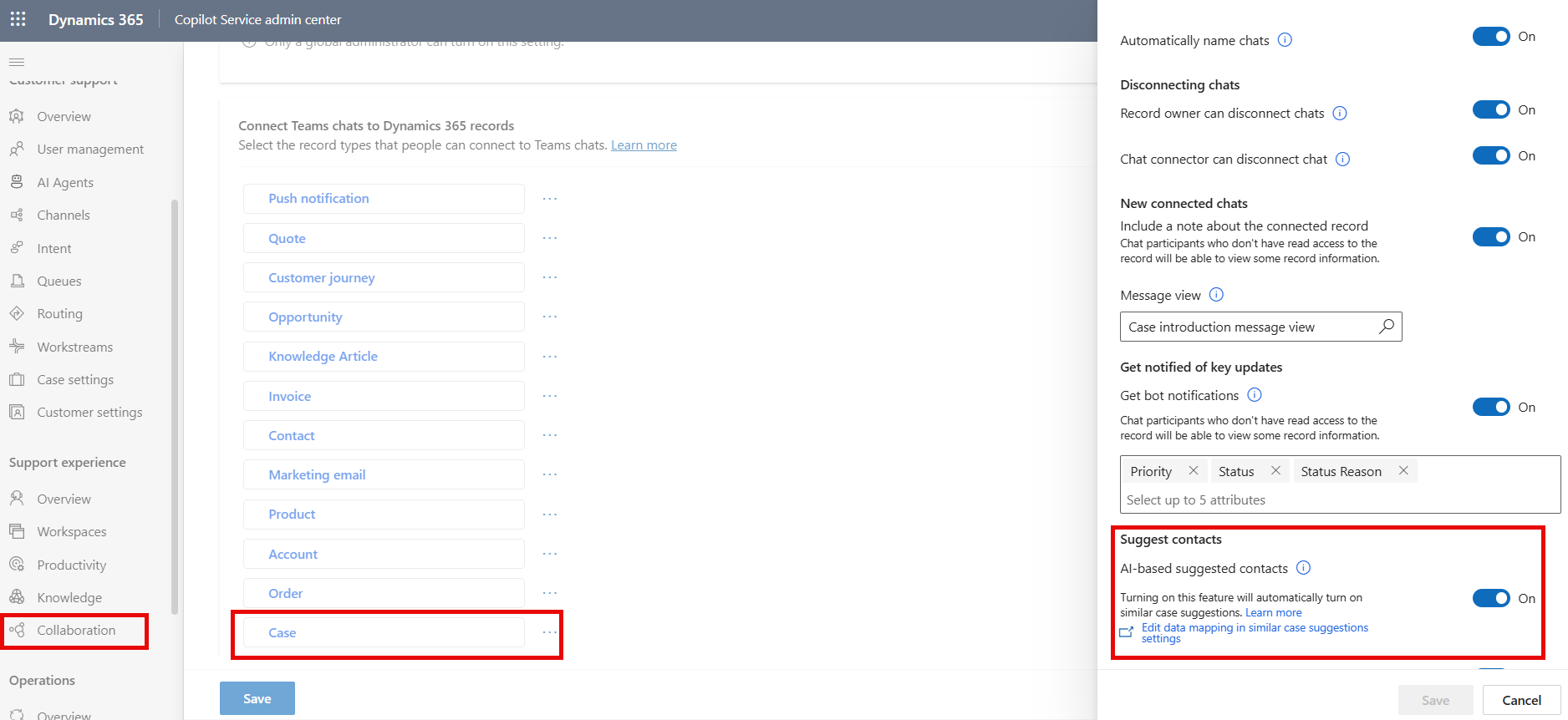 Screenshot of AI-based suggested contacts turned on for cases in Microsoft Teams collaboration settings.