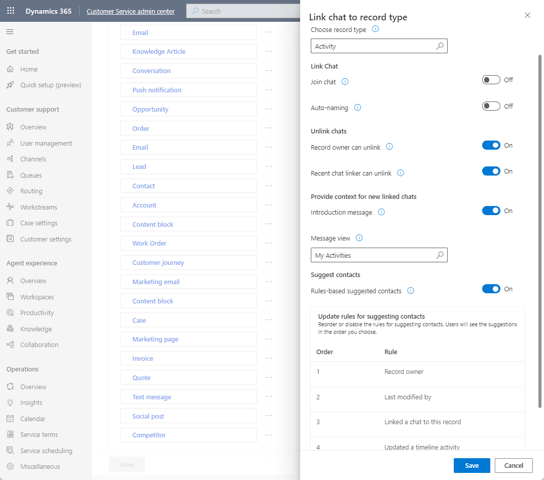 Screenshot of the Link chat to record type settings.