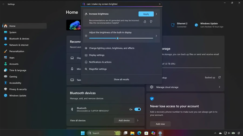 Screenshot of Windows Settings showing a search for 'can I make my screen brighter' with a result for 'Increase brightness'.