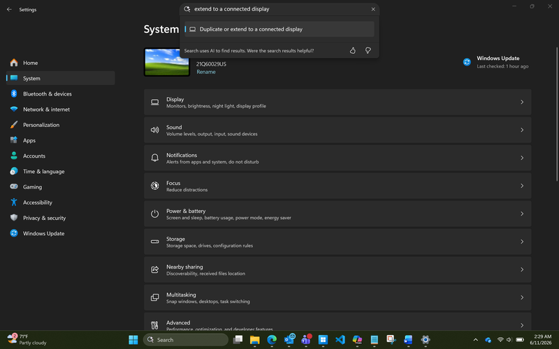 Screenshot of Windows Settings showing a search for ‘extend to a connected display’ with a result for display options.