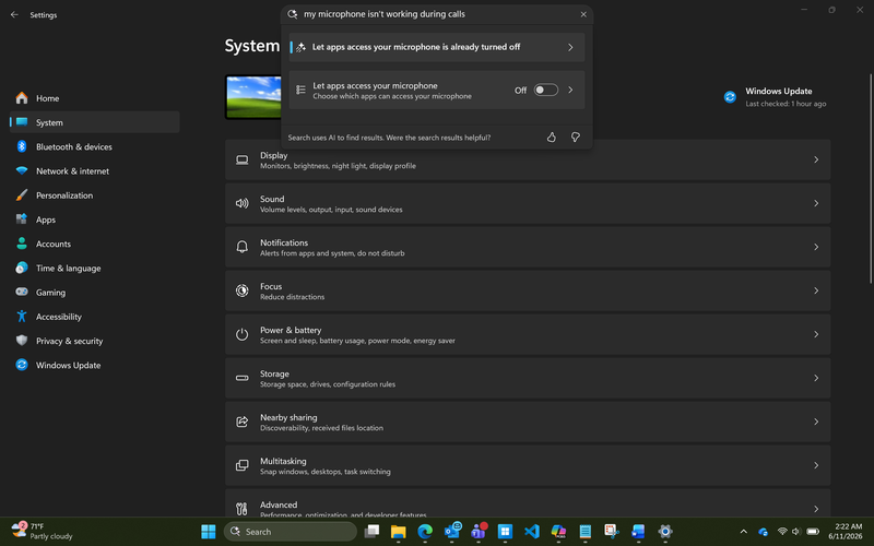 Screenshot of Windows Settings showing a search for microphone issues with results highlighting microphone access settings turned off.