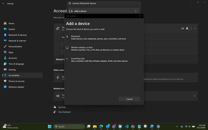 Screenshot of Windows Settings showing Add a device with Bluetooth options for connecting a headset.