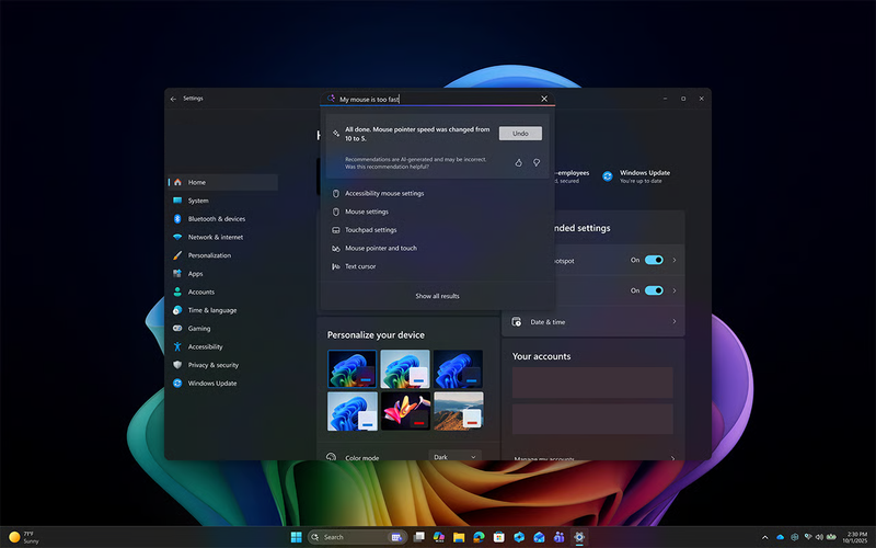 Screenshot of Windows Settings showing an Undo button to revert a recent change made using Agent in Settings.