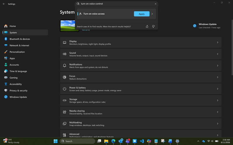 Screenshot of Windows Settings showing a search for ‘turn on voice control’ with a result to enable Voice access.