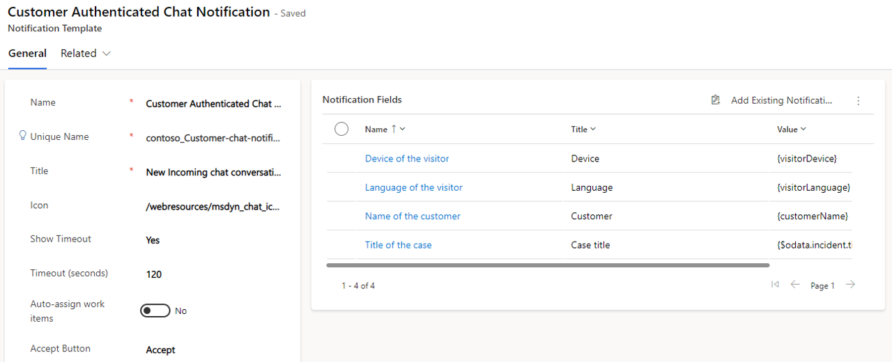 Screenshot of the custom notification template showing the list of notification fields.