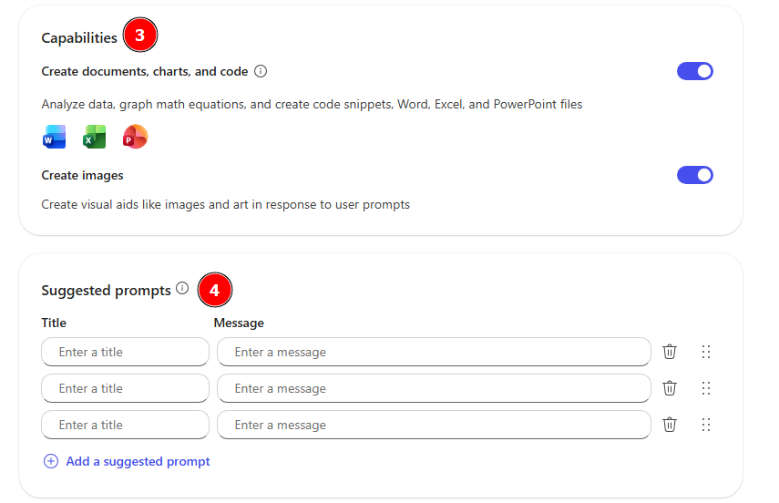 Screenshot of Knowledge, Capabilities, and Suggest prompts sections in Copilot Chat agent builder.