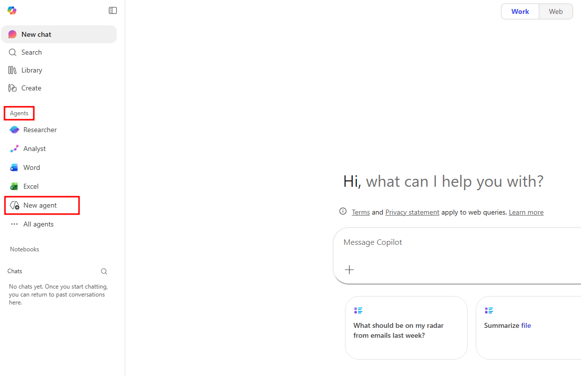 Screenshot of new agent option in Copilot Chat.
