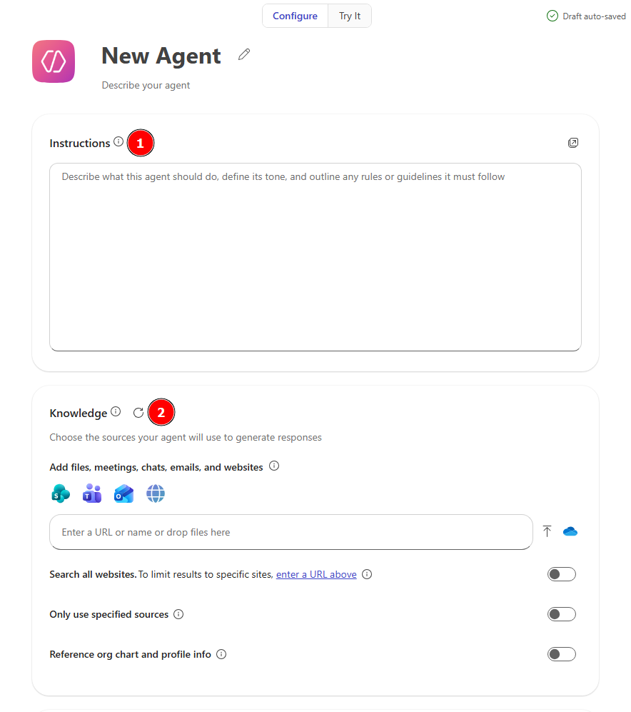 Screenshot of Template, Details, and Instructions section in Agent Builder.
