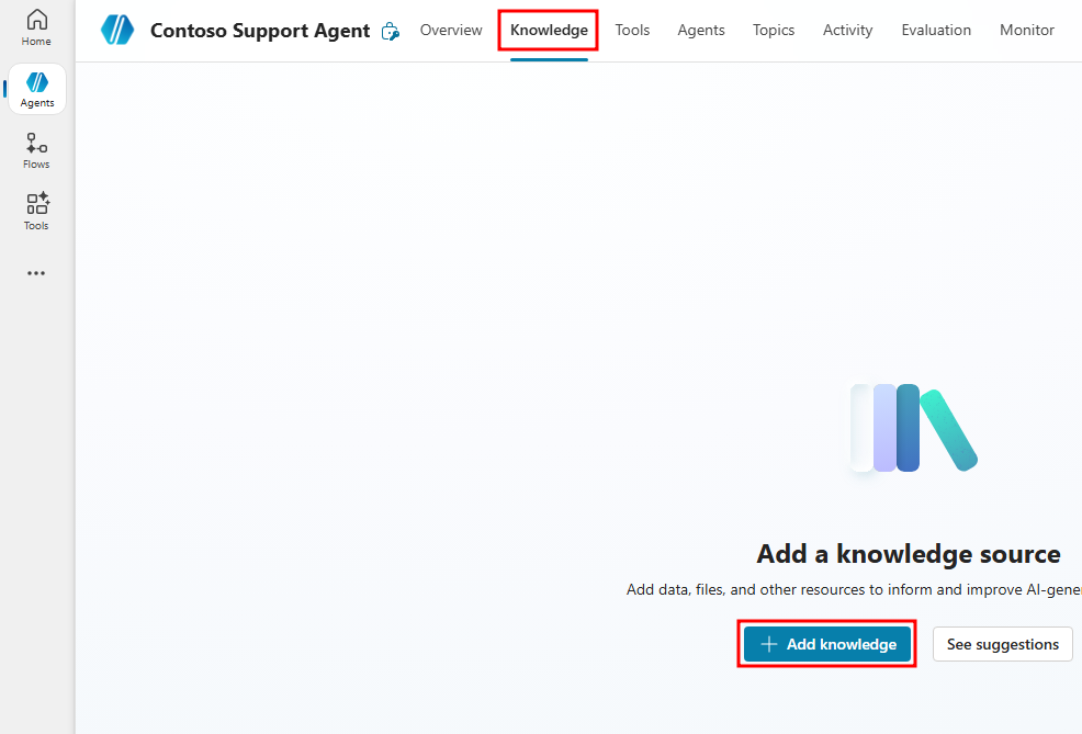 Screenshot of Add knowledge button highlighted in the agent's Knowledge page.