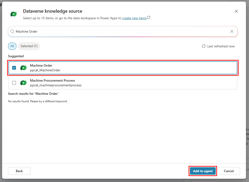 Screenshot of Machine Orders table selected with the Add button highlighted.