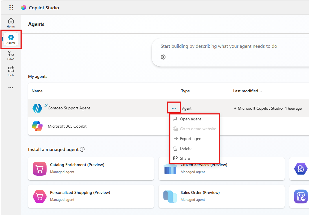 Screenshot of agent menu options.