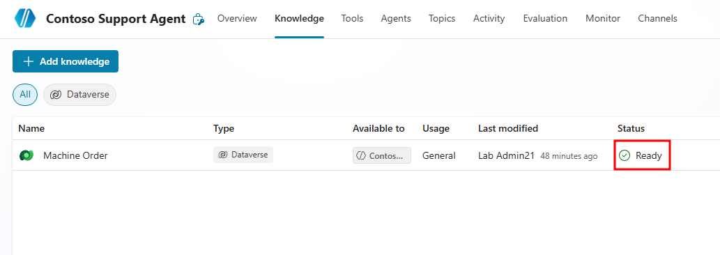 Screenshot of knowledge source with its Status column set to Ready.