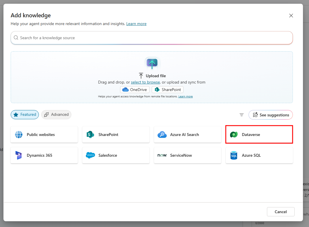 Screenshot of the Dataverse button in the Add knowledge window.