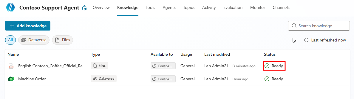 Screenshot of Contoso Coffee Official Return Policy file with a Ready status.