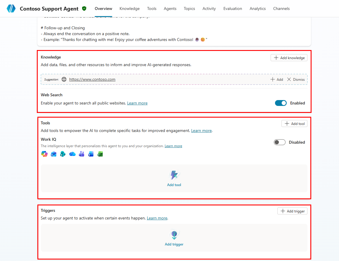 Screenshot of instructions and knowledge sections of the agent's Overview page.