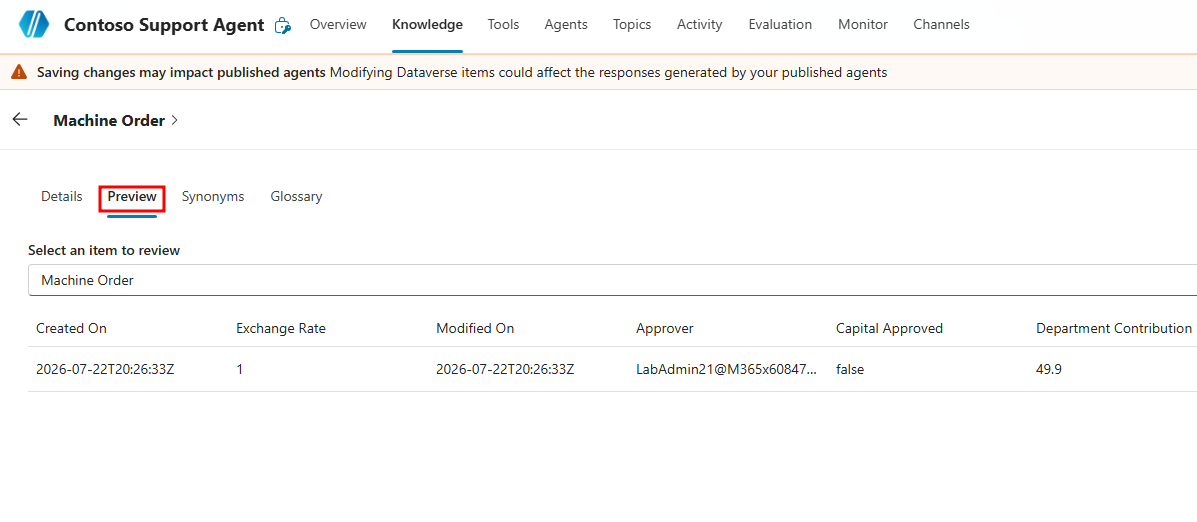 Screenshot of Machine Orders table view from the Knowledge page.