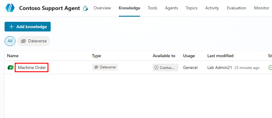 Screenshot of Machine Orders table highlighted in the Knowledge page.