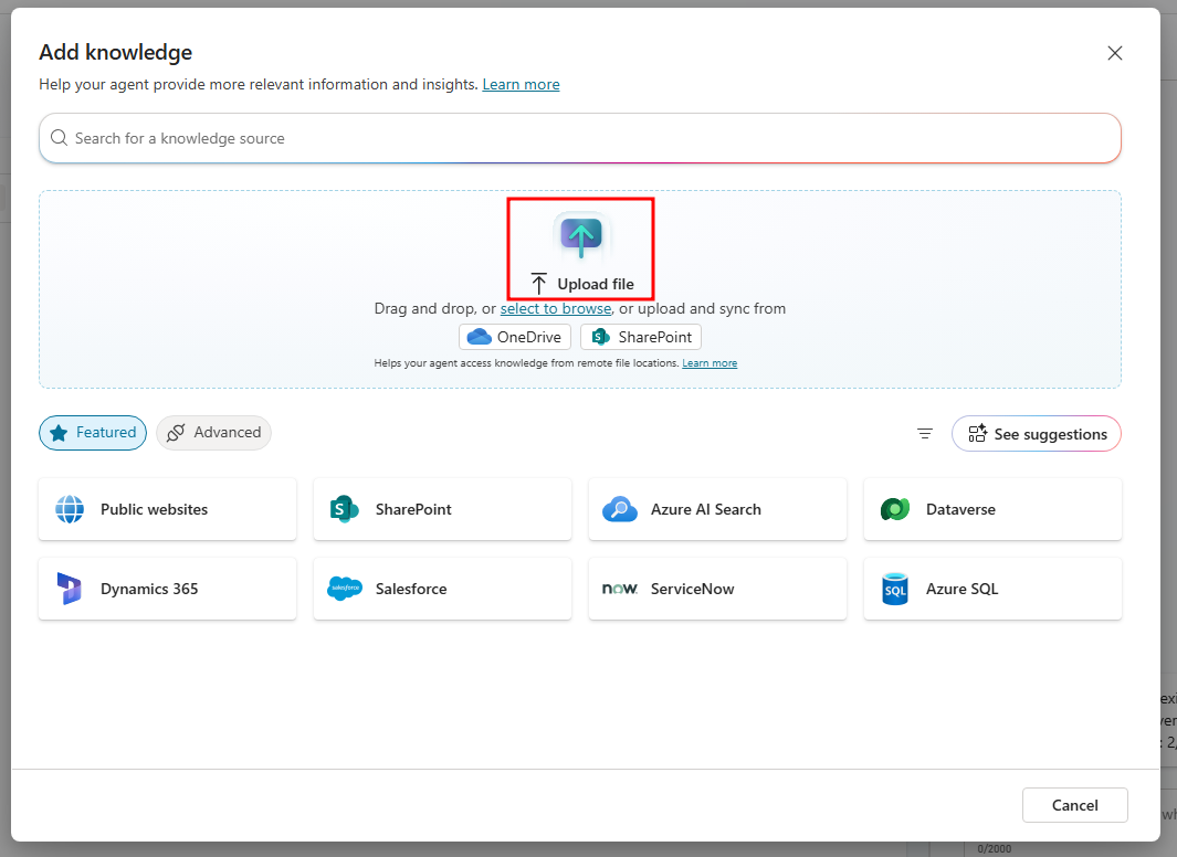 Screenshot of select to browse option in the Add knowledge window.