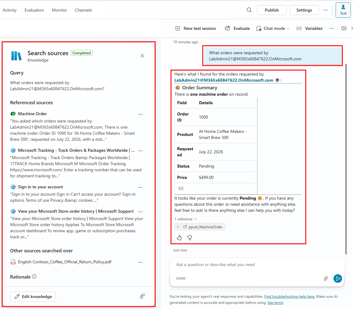 Screenshot of testing the agent to see which orders were requested by you.