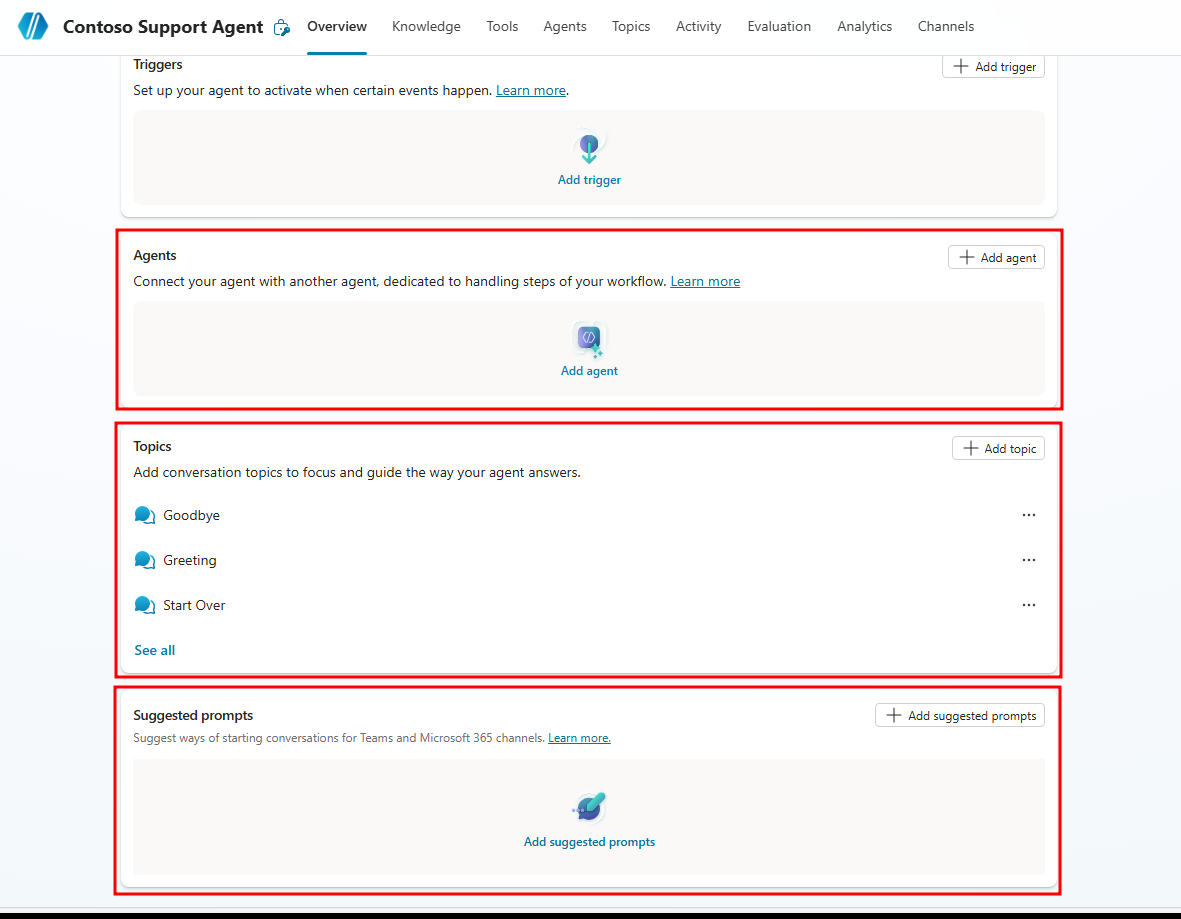 Screenshot of triggers and tools sections of the agent's Overview page.