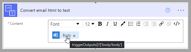 Screenshot of the Power Automate cloud flow action, Convert email html to text, highlighting the Body value.