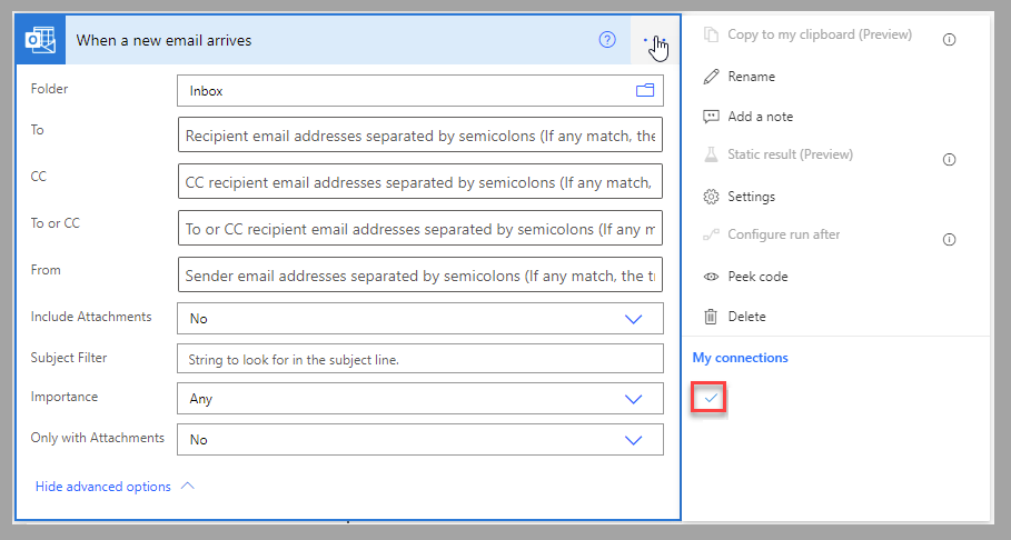 Screenshot of the Power Automate cloud flow action, When a new email arrives, highlighting the selected connection.