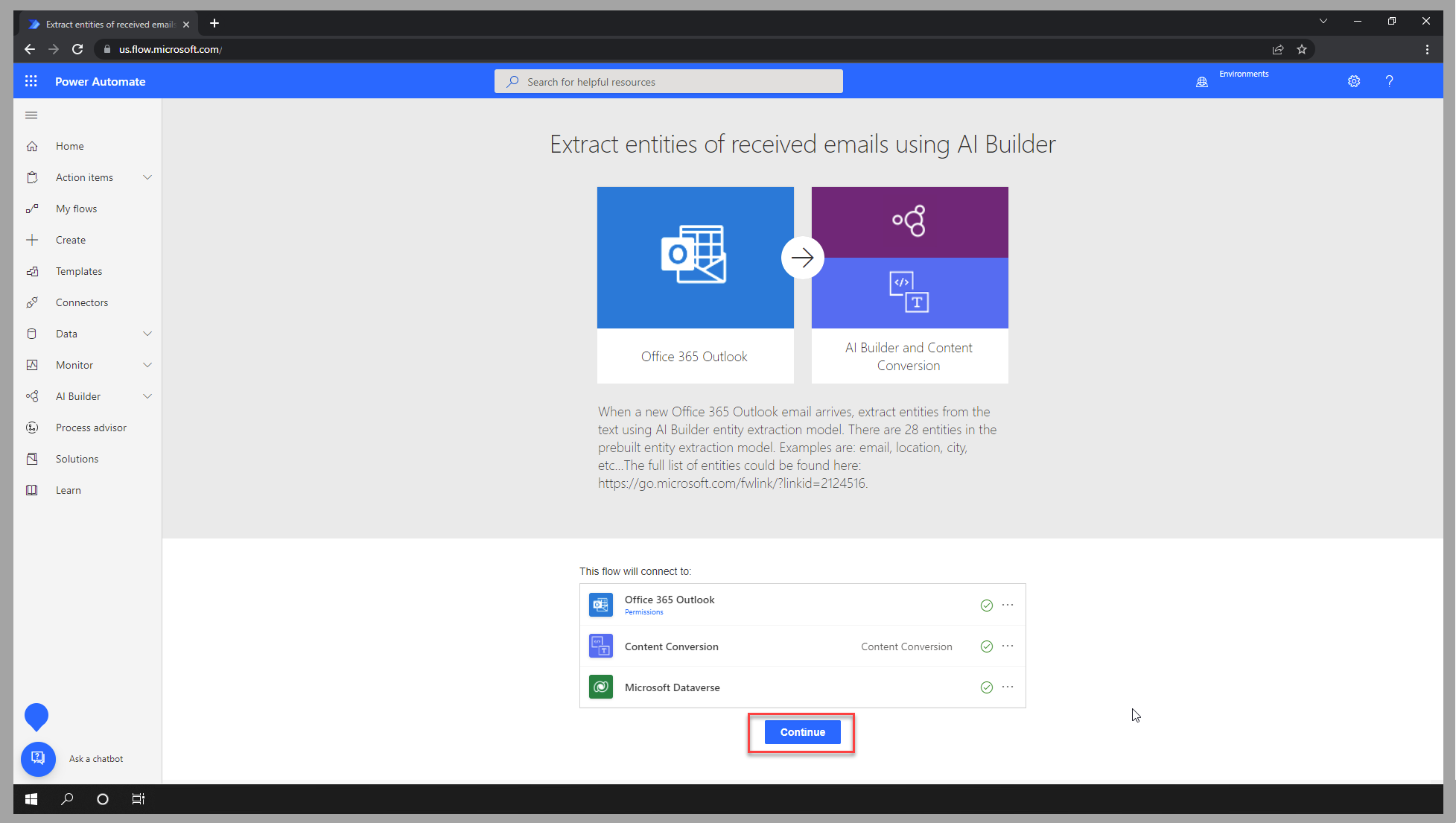 Screenshot of the Power Automate studio, showing the Extract entities of received emails using AI Builder template, highlighting the Continue option.
